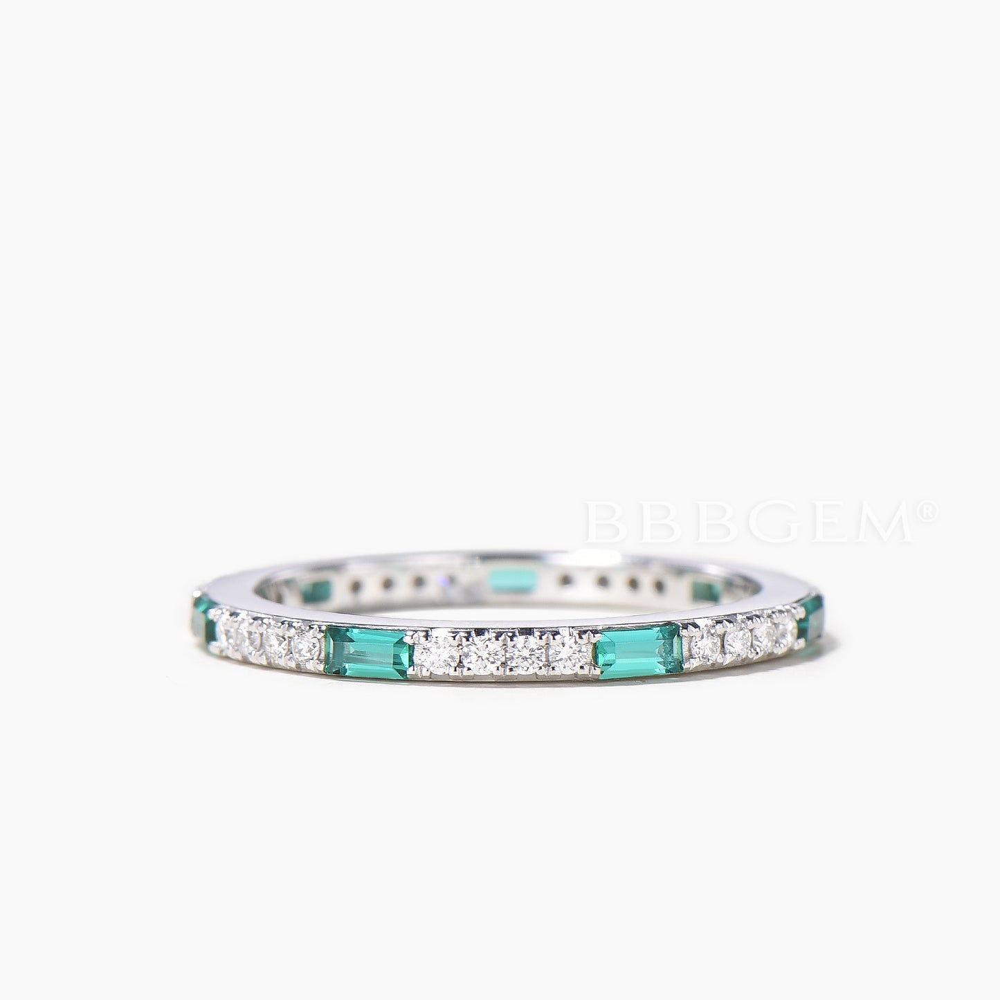 Baguette Cut Emerald Round Diamond Full Eternity Wedding Ring Stacking Band