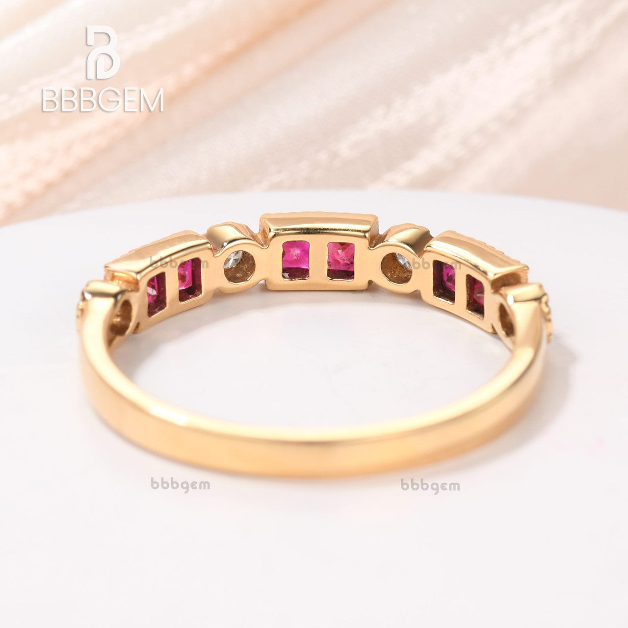 Red Ruby & Diamond Fashion Band Dot & Dash Baguette Natural Sapphire Ring Half Eternity Band