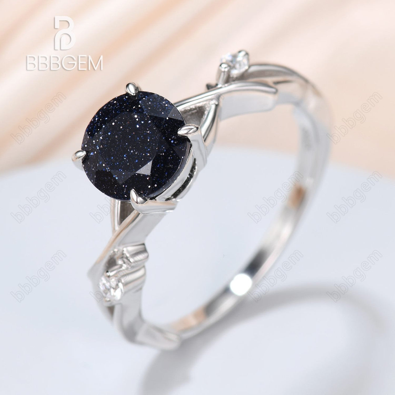 Round Natural Blue Sandstone Ring 925 Silver White Gold Petite Twisted Willow Galaxy Blue Sandstone Engagement Ring