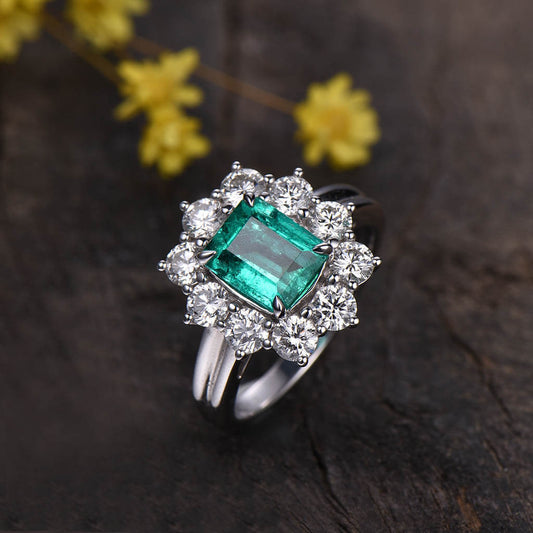 Floral Emerald  Cut Emerald Diamond Moissanite Engagement Ring 0