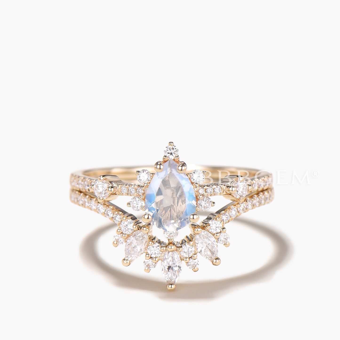 14K/18K Gold Pear Shaped Moonstone Diamond Art Deco Engagement Ring Set