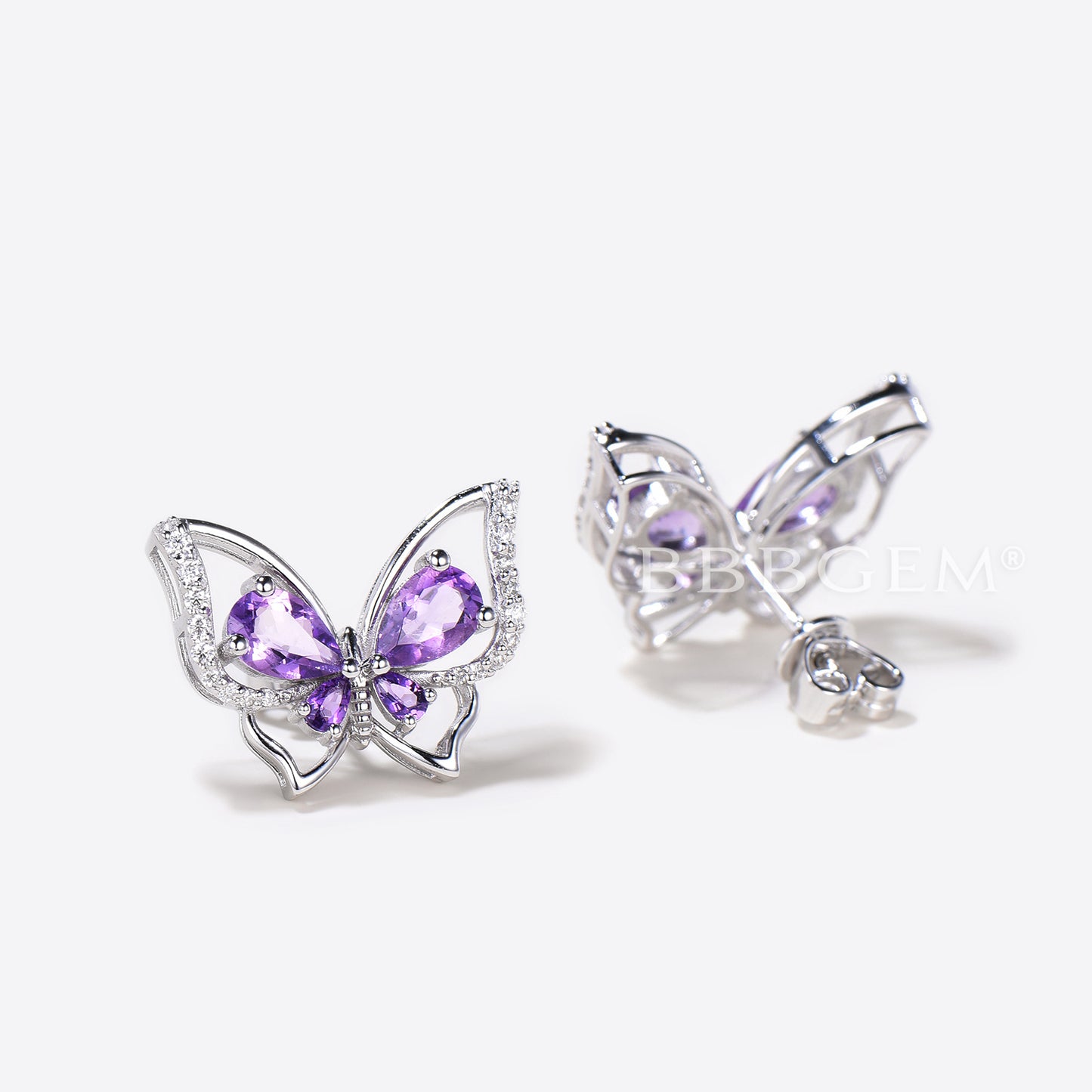 Teardrop Natural Amethyst Stud Earrings Unique Diamond Butterfly Earrings