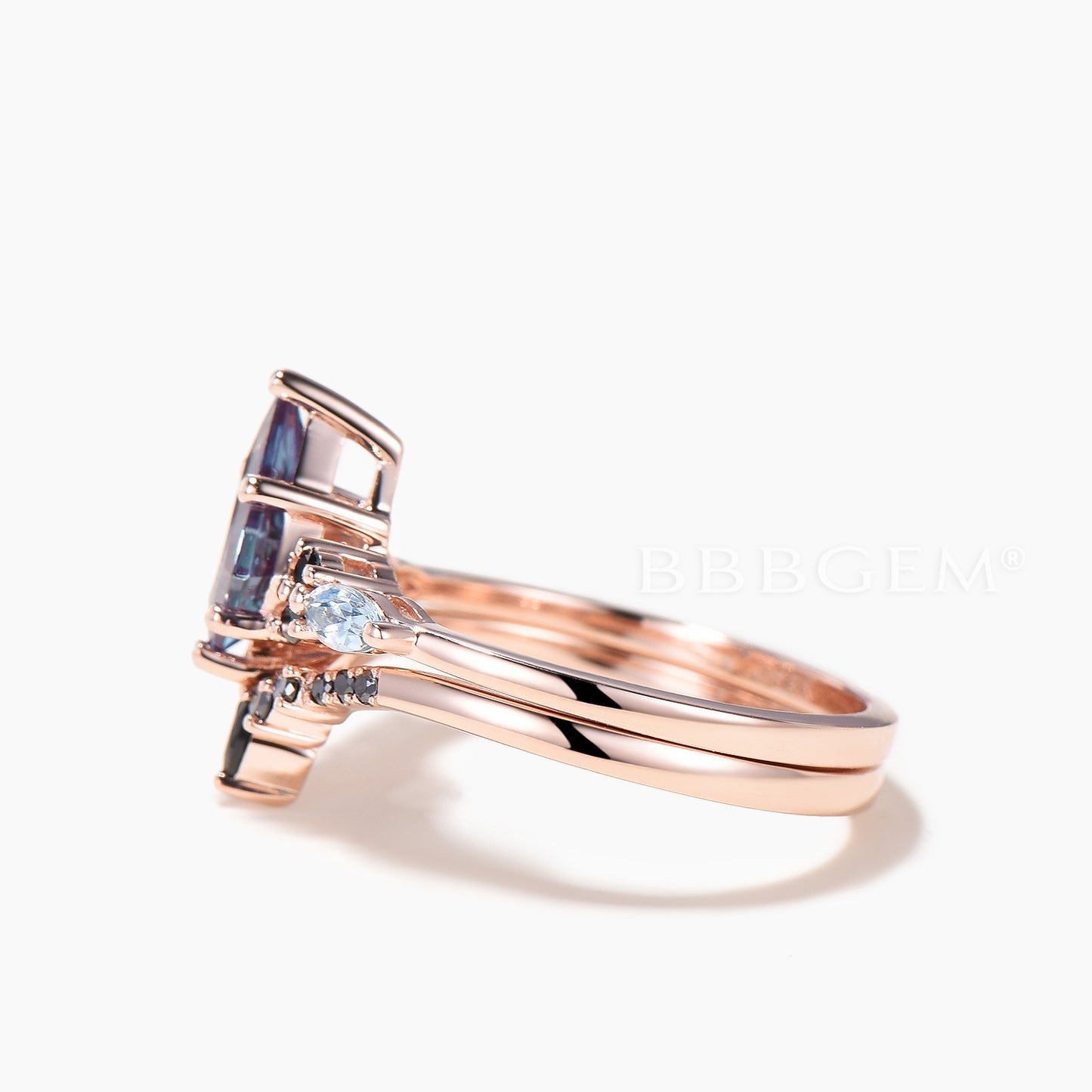 Kite Cut Color-change Alexandrite Wedding Ring Aquamarine Spinel Bridal Set