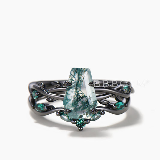 Black Gold Ring Set Coffin Cut Natural Moss Agate Twisted Ring Emerald Curved Band