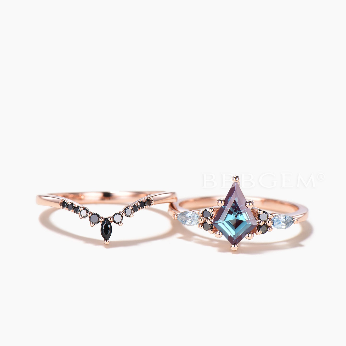 Kite Cut Color-change Alexandrite Wedding Ring Aquamarine Spinel Bridal Set