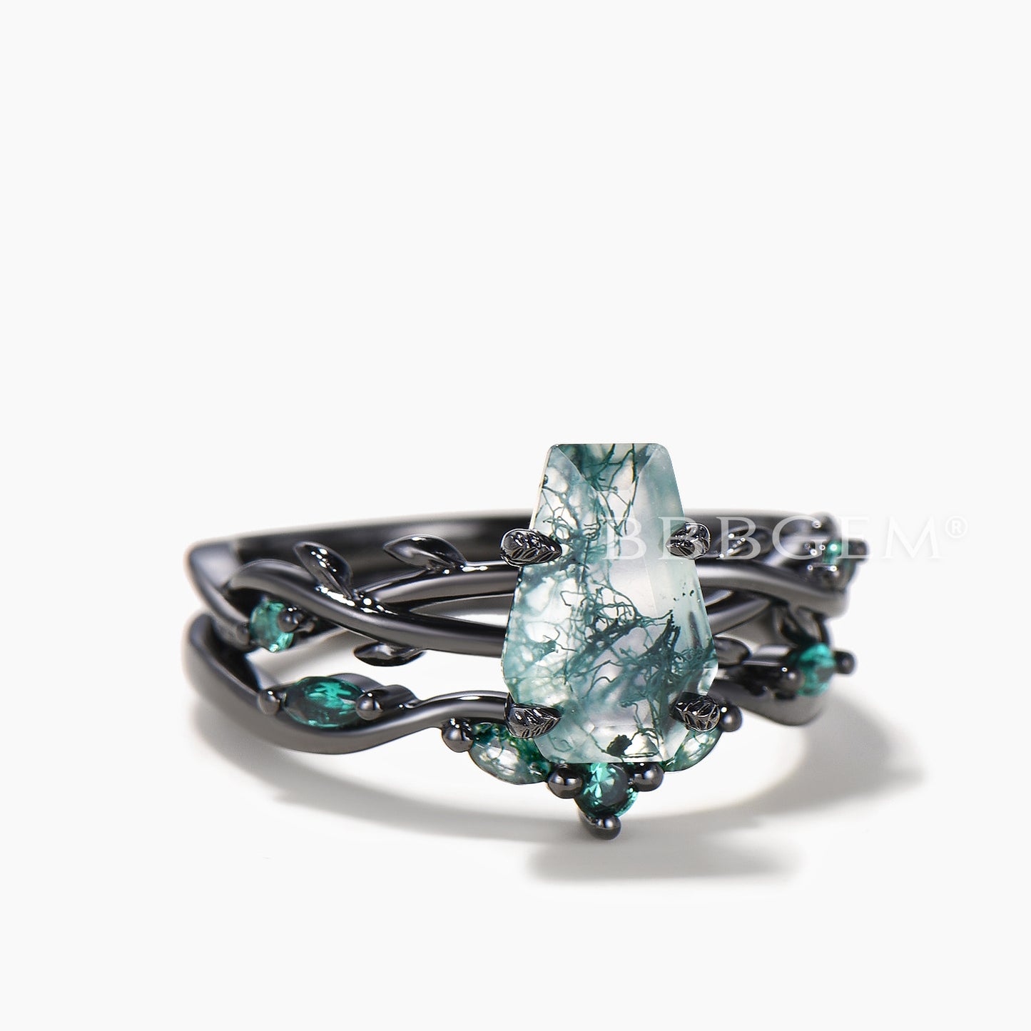 Black Gold Ring Set Coffin Cut Natural Moss Agate Twisted Ring Emerald Curved Band