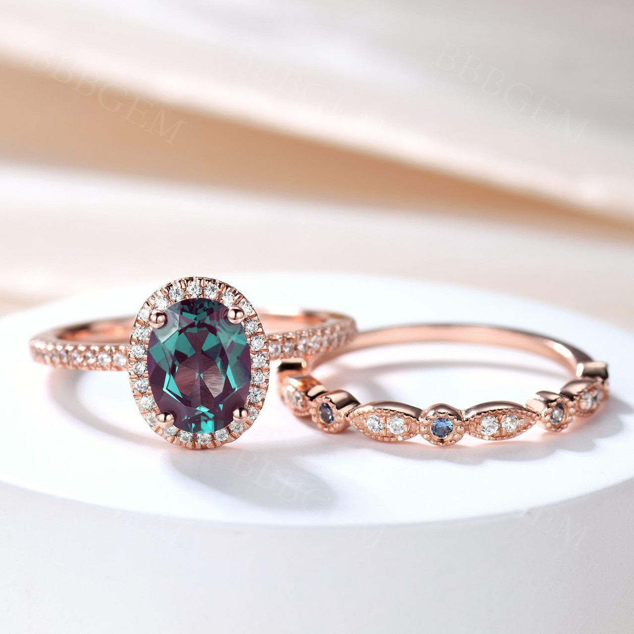 Alexandrite Rose Gold Engagement Ring-BBBGEM Alexandrite Wedding Ring Set