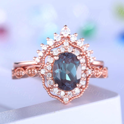 Alexandrite Engagement Ring Set Rose Gold Wedding Ring Art Deco Diamond Matching Band Crown Ring