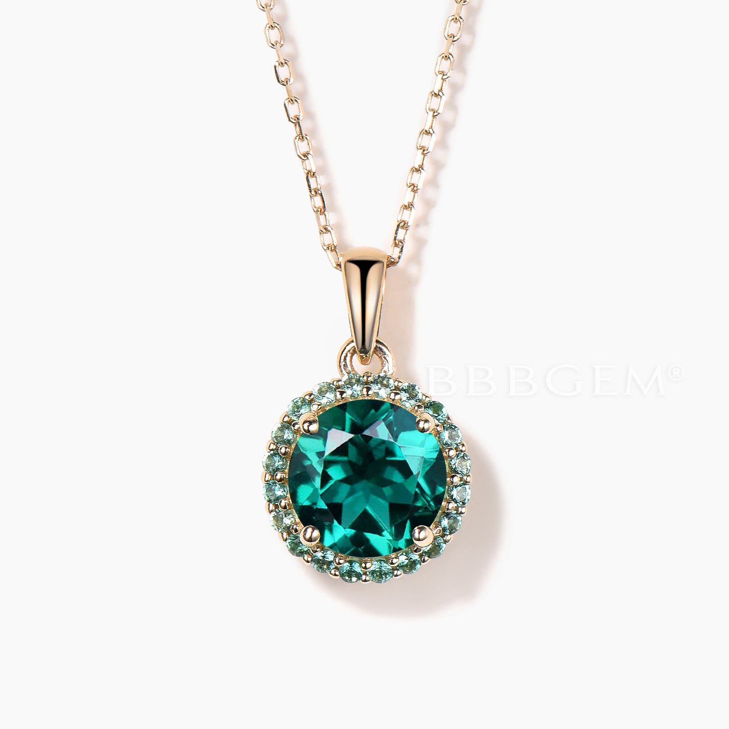 2CT Round Cut Emerald Necklace Emerald Halo Yellow Gold Wedding Pendant