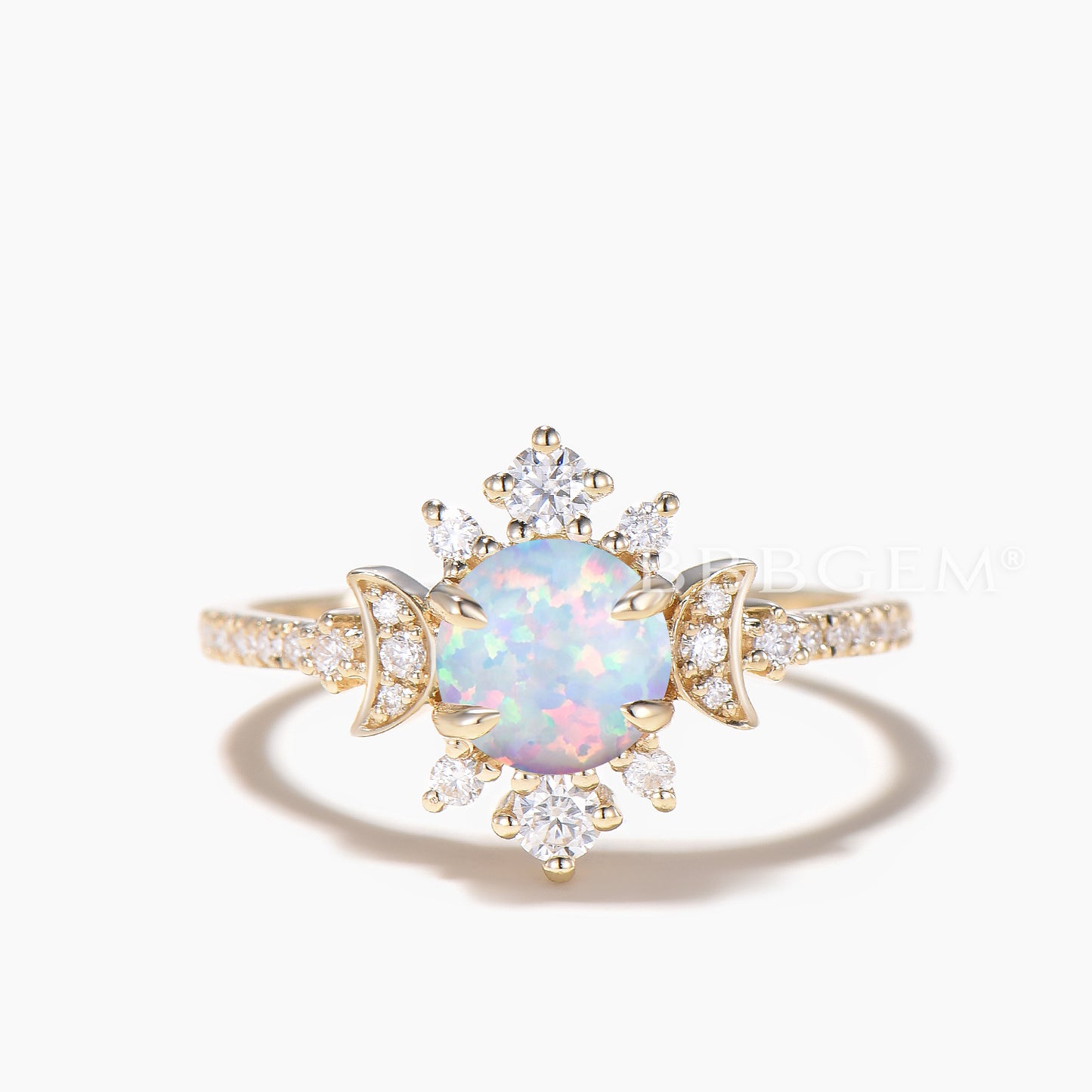 1CT Round Cut White Opal Engagement Ring Diamond Moon Halo Ring