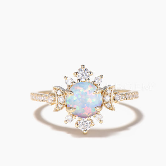 1CT Round Cut White Opal Engagement Ring Diamond Moon Halo Ring
