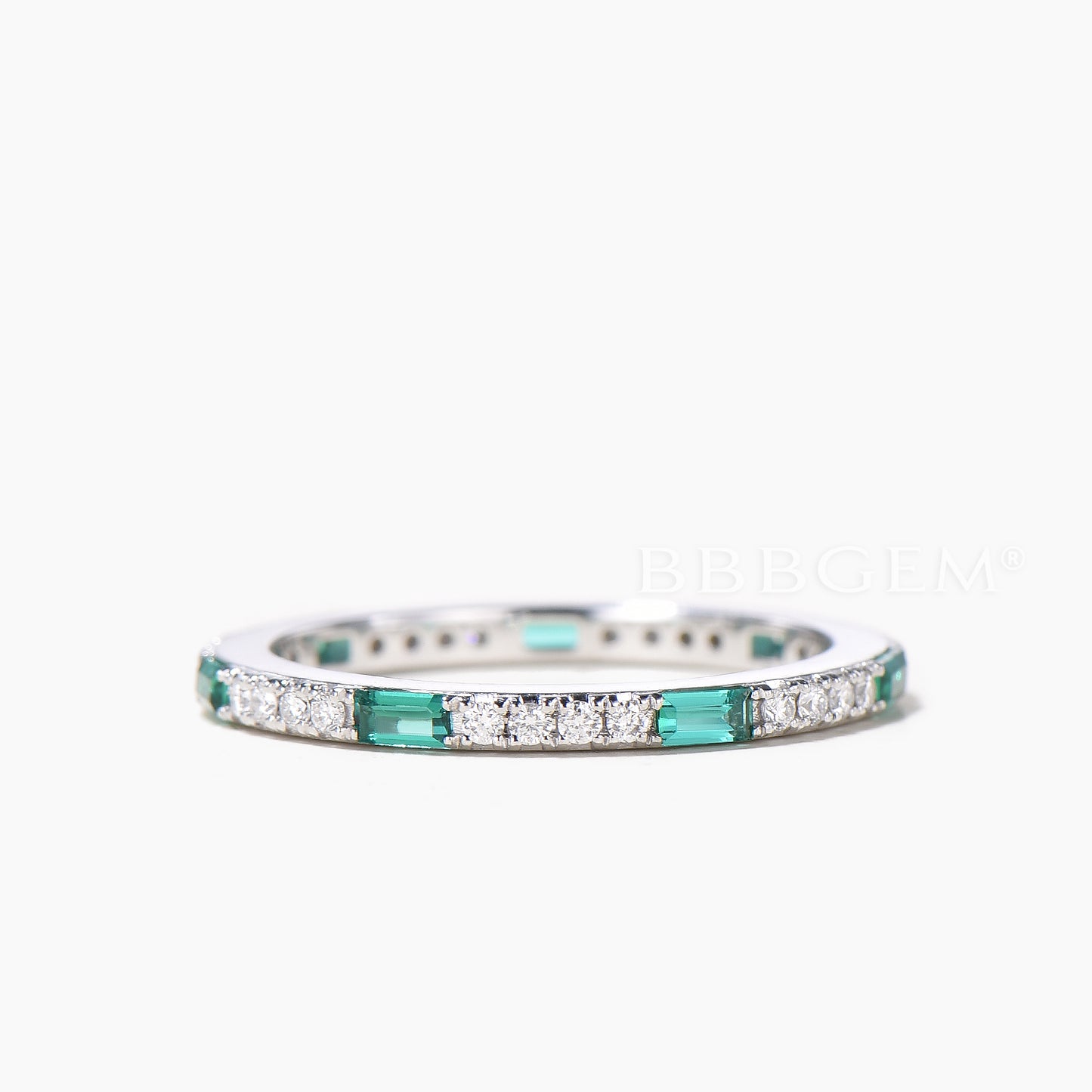 Baguette Cut Emerald Round Diamond Full Eternity Wedding Ring Stacking Band