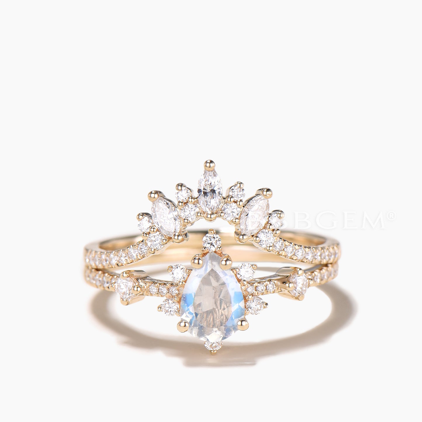 14K/18K Gold Pear Shaped Moonstone Diamond Art Deco Engagement Ring Set