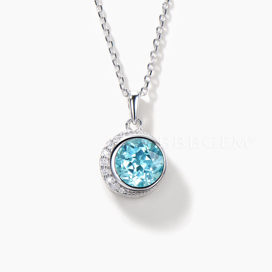 2CT Round Cut Paraiba Necklace Diamond Moon Halo White Gold Pendant
