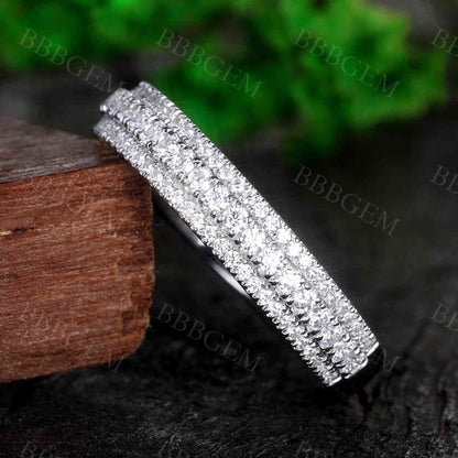 Solid White Gold Moissanite Band Women Wedding Band Rings Three Row Moissanite Ring