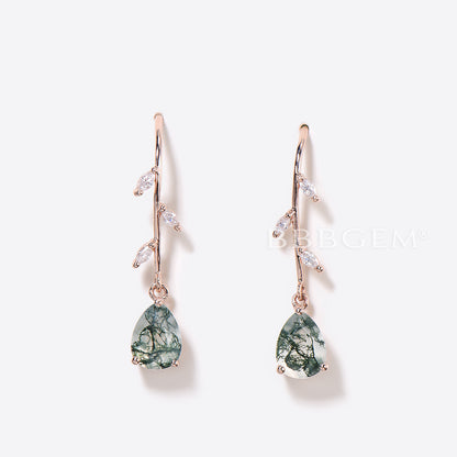 Pear Shaped Natural Moss Agate Drop Earrings Moissanite Dangle Earrings