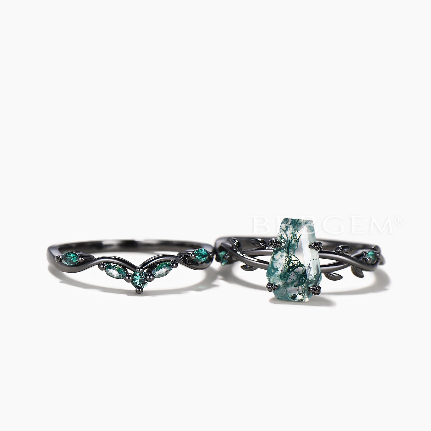 Black Gold Ring Set Coffin Cut Natural Moss Agate Twisted Ring Emerald Curved Band