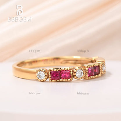 Vintage Red Ruby & Diamond Fashion Yellow Gold Band Dot & Dash Baguette Natural Sapphire Ring Half Eternity