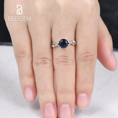 Round Natural Blue Sandstone Ring 925 Silver White Gold Petite Twisted Willow Galaxy Blue Sandstone Engagement Ring