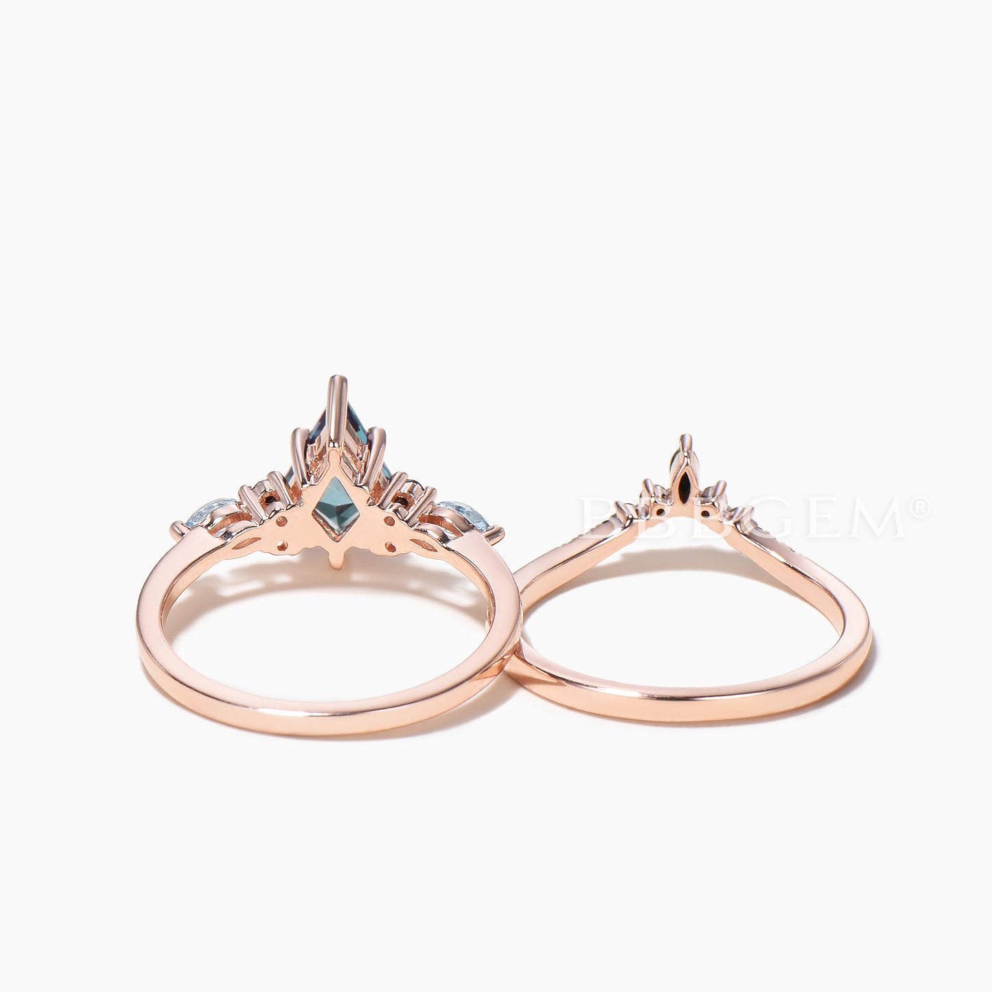Kite Cut Color-change Alexandrite Wedding Ring Aquamarine Spinel Bridal Set