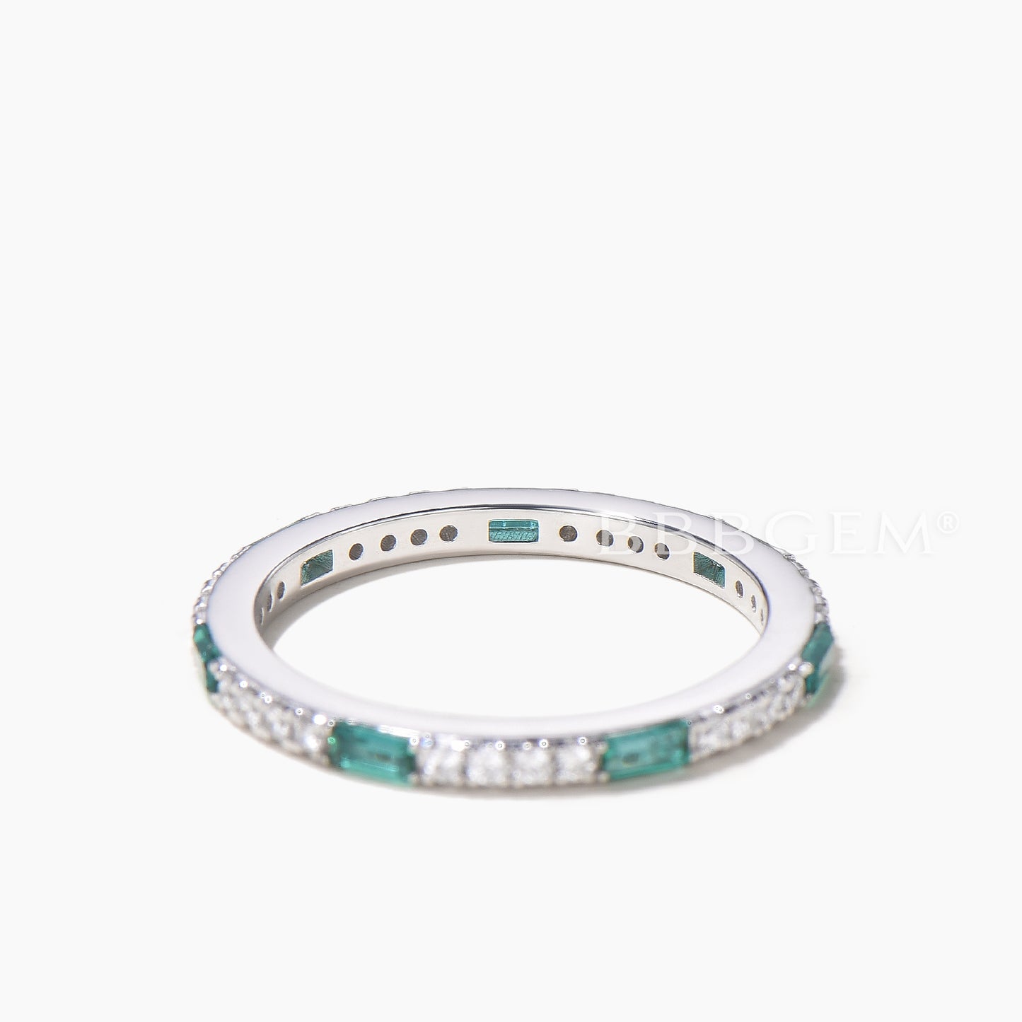 Baguette Cut Emerald Round Diamond Full Eternity Wedding Ring Stacking Band