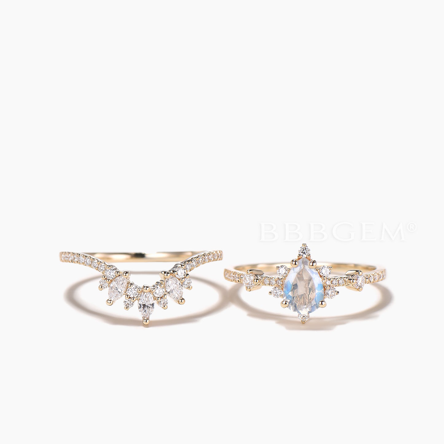 14K/18K Gold Pear Shaped Moonstone Diamond Art Deco Engagement Ring Set
