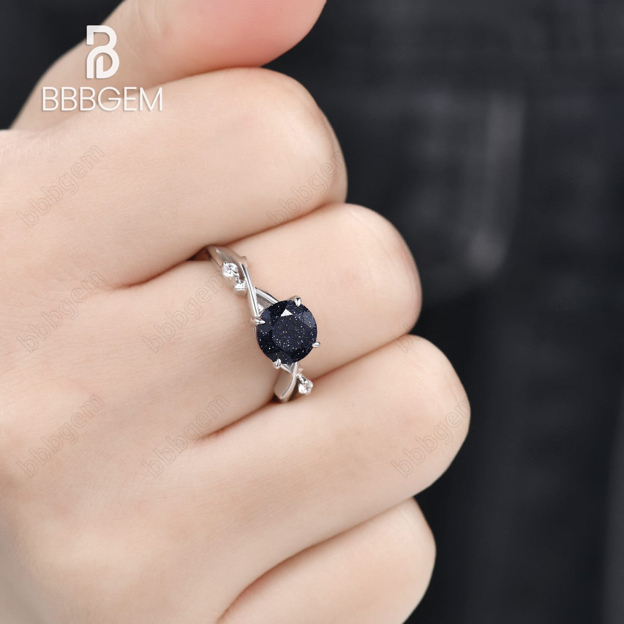 Round Natural Blue Sandstone Ring 925 Silver White Gold Petite Twisted Willow Galaxy Blue Sandstone Engagement Ring