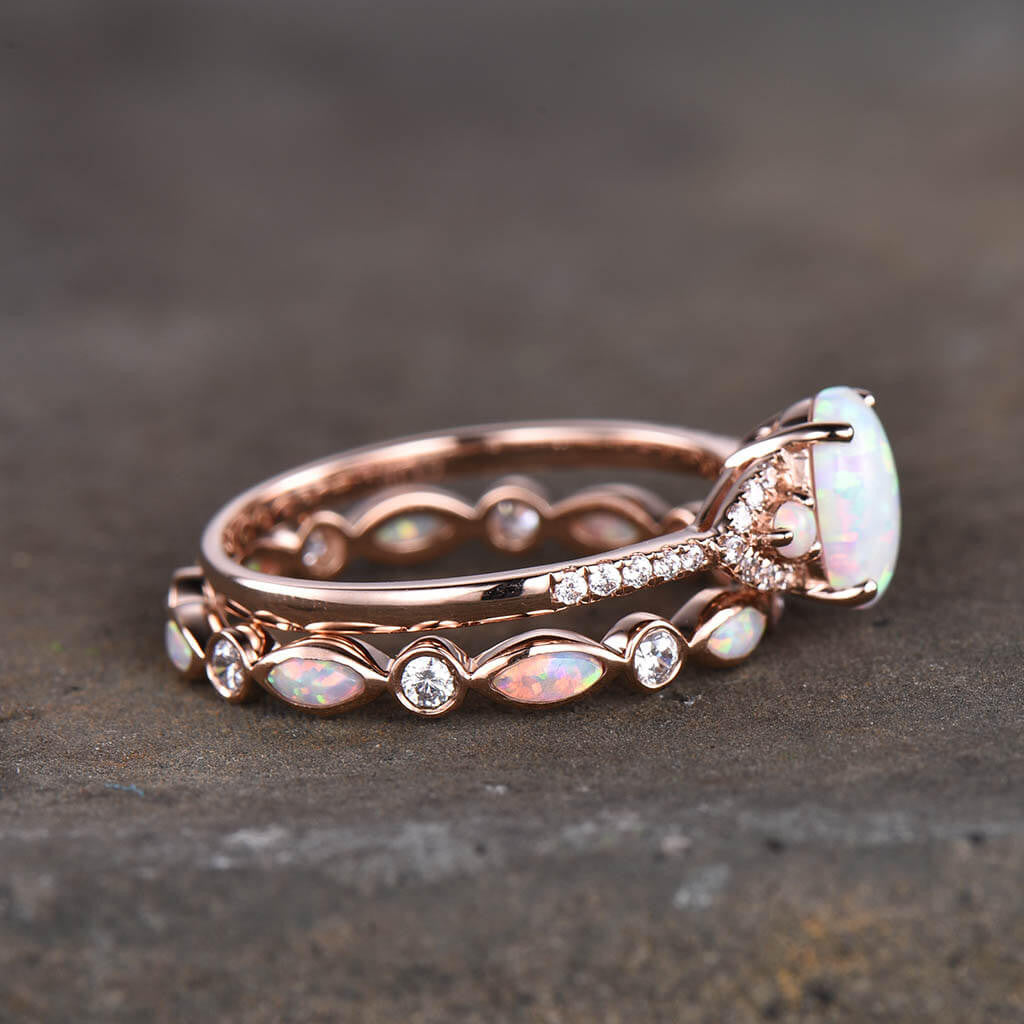 Eternity Opal Stacking Ring, Opal Ring Rose Gold, Dainty Opal Ring-BBBGem Opal Rings