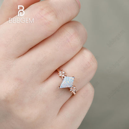 Unique Opal Kite Ring 1 Carat Kite Genuine Lab White Opal Diamond Prong Engagement Ring Vintage