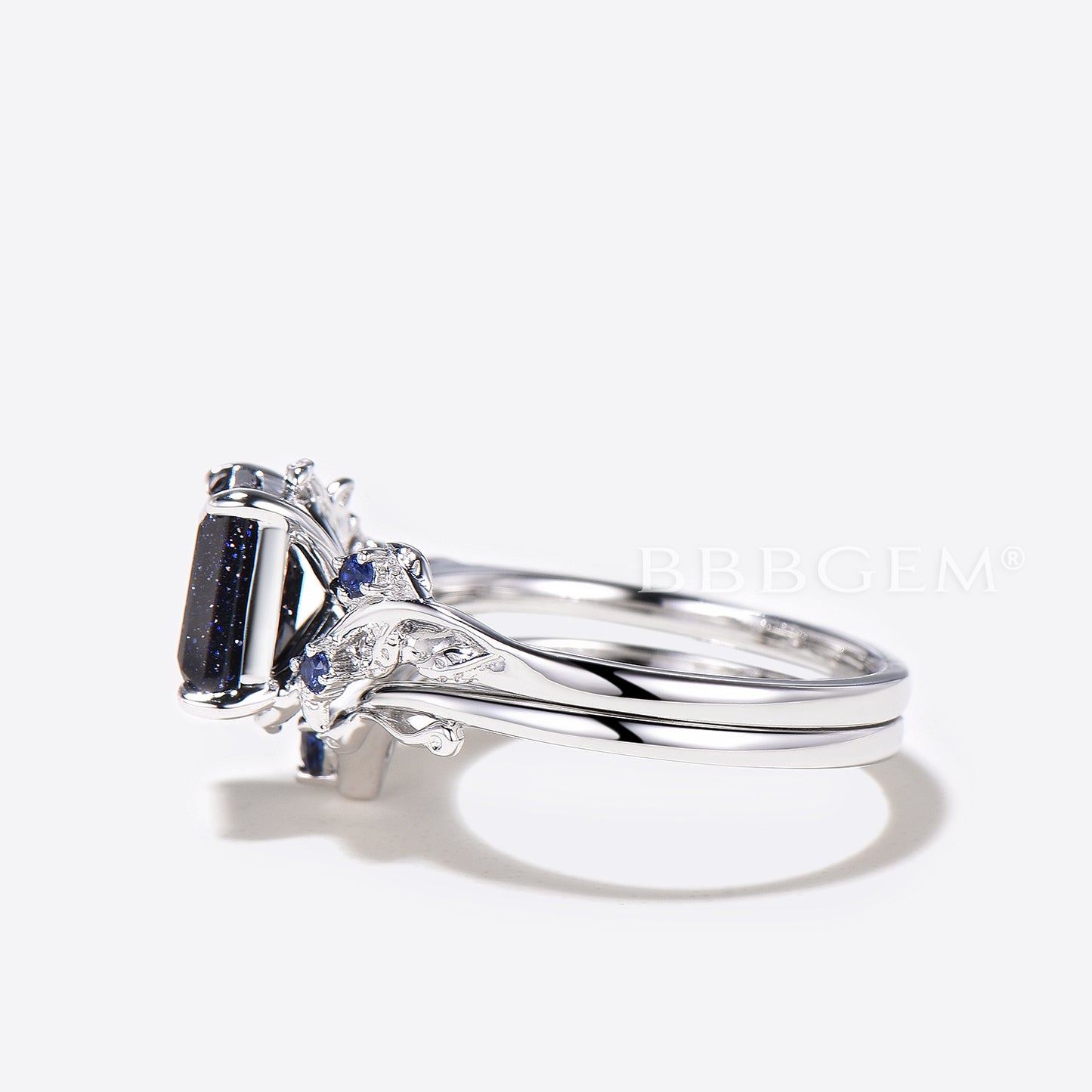 2ct Emerald Cut Blue Sandstone Engagement Ring Nature Inspired Sapphire Bridal Set