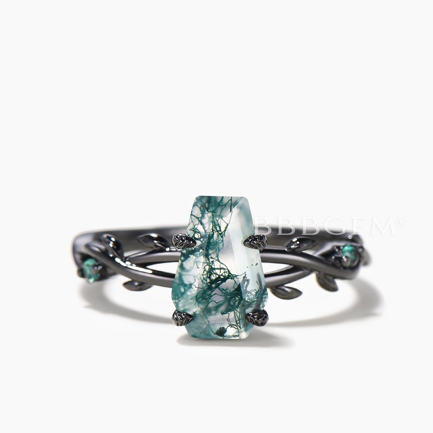 Black Gold Ring Set Coffin Cut Natural Moss Agate Twisted Ring Emerald Curved Band