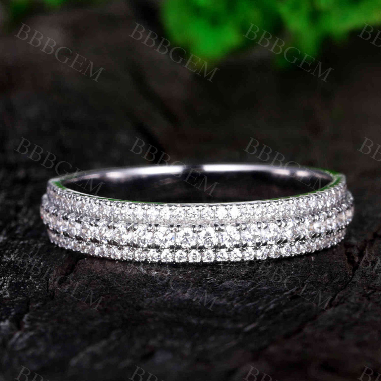 Solid White Gold Moissanite Band Women Wedding Band Rings Three Row Moissanite Ring