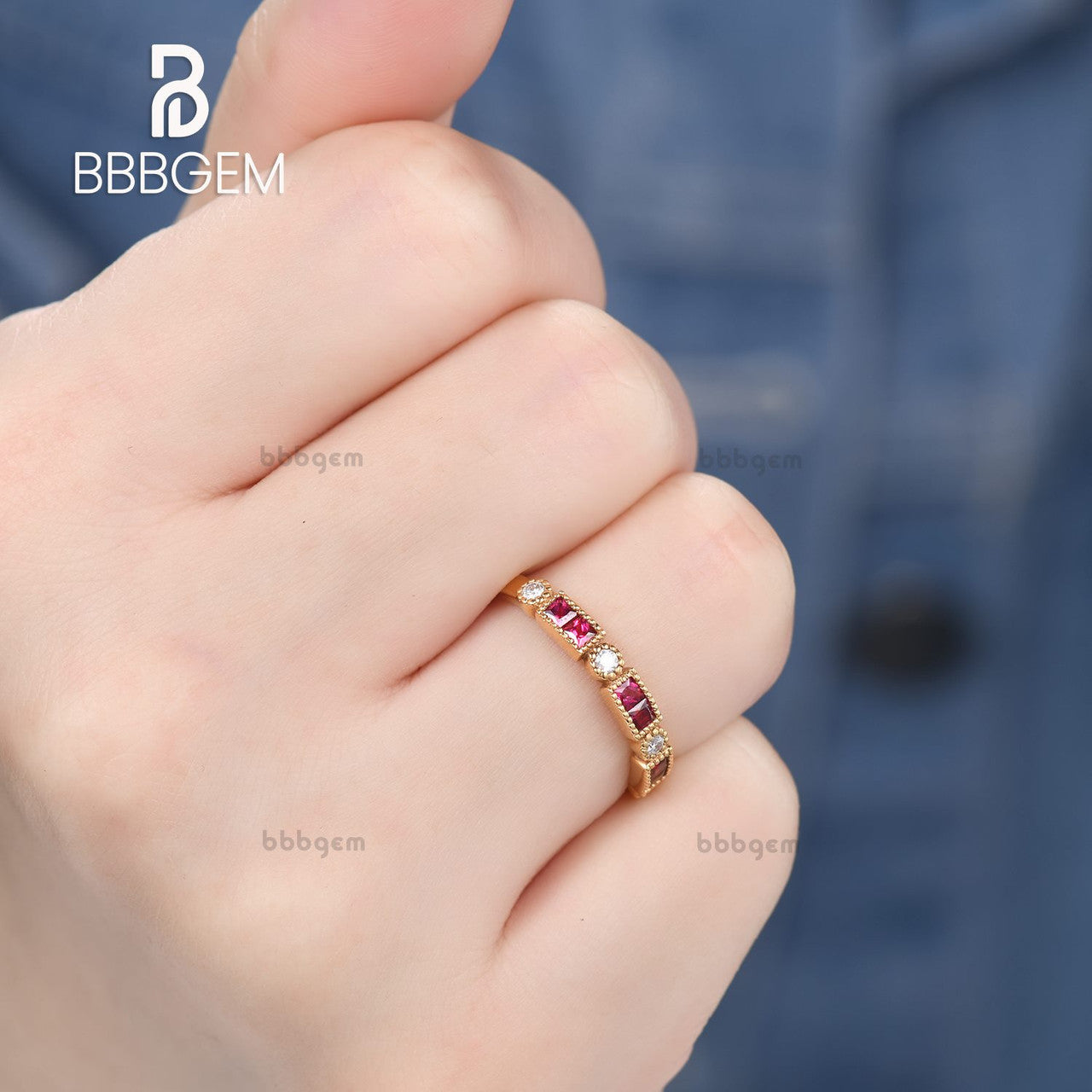 Red Ruby & Diamond Fashion Band Dot & Dash Baguette Natural Sapphire Ring Half Eternity Band