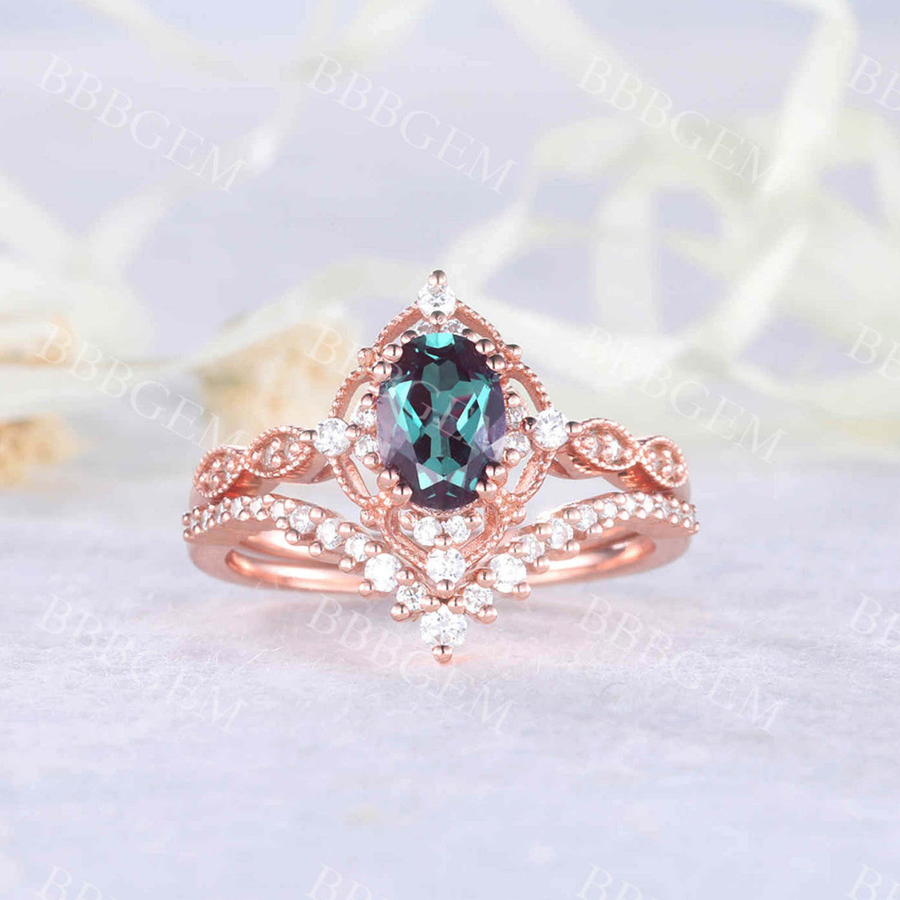 Alexandrite diamond ring set