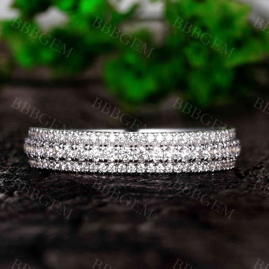 Solid White Gold Moissanite Band Women Wedding Band Rings Three Row Moissanite Ring