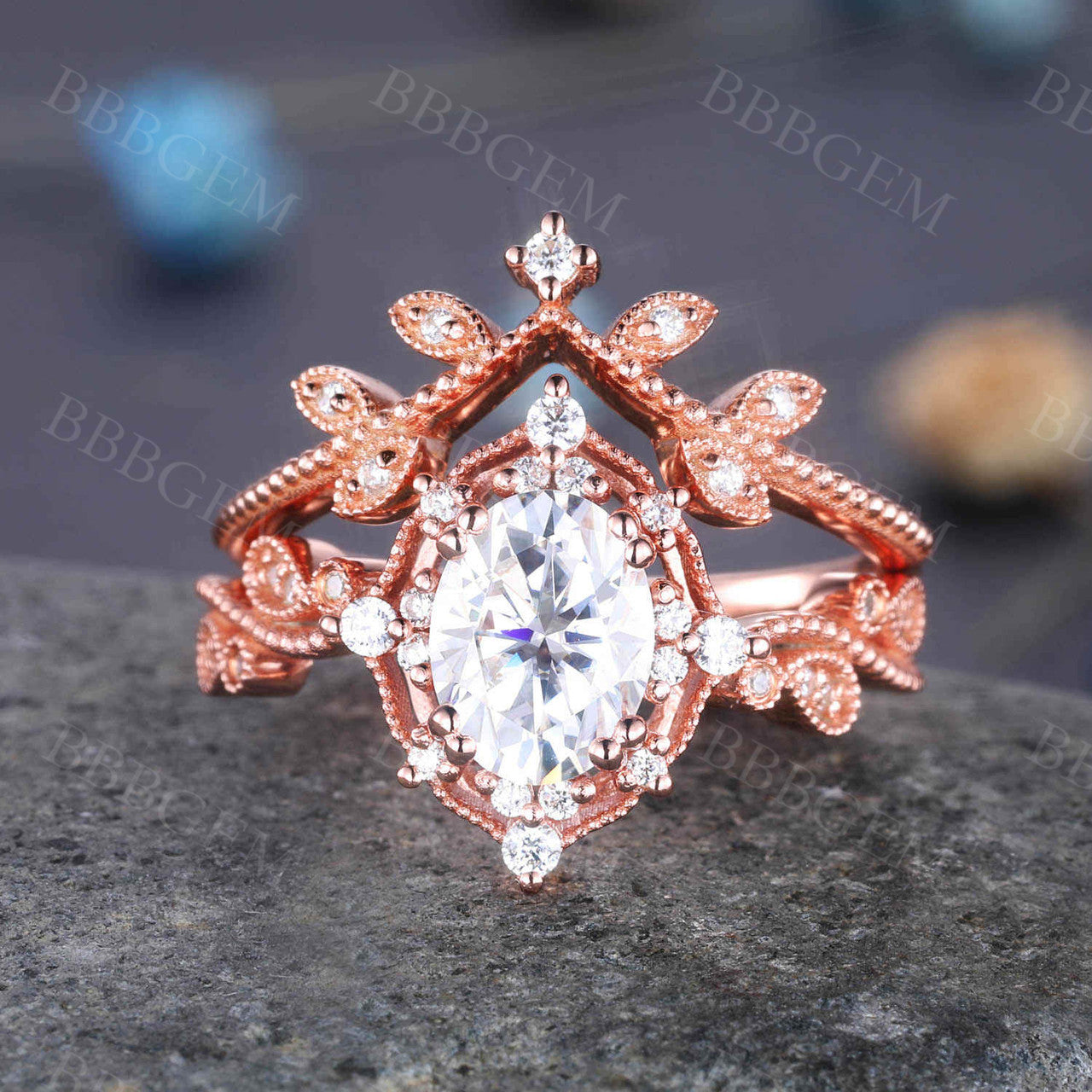 Rose Gold Oval Moissanite Engagement Ring Set