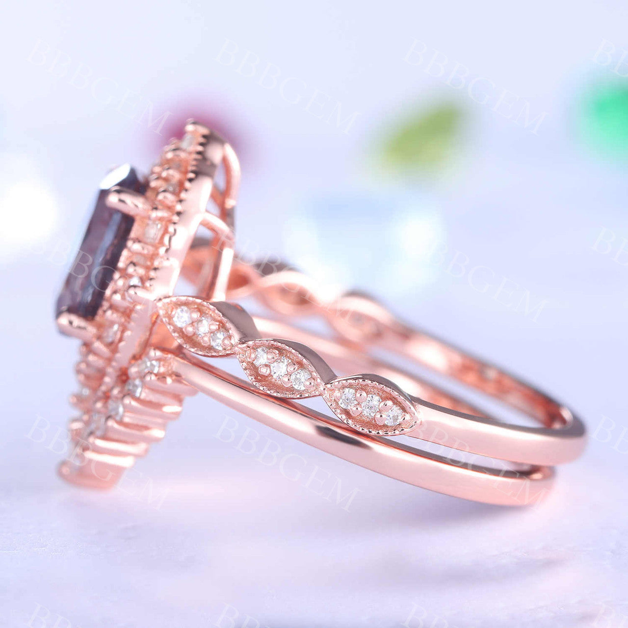 Alexandrite Engagement Ring Set Rose Gold Wedding Ring Art Deco Diamond Matching Band Crown Ring