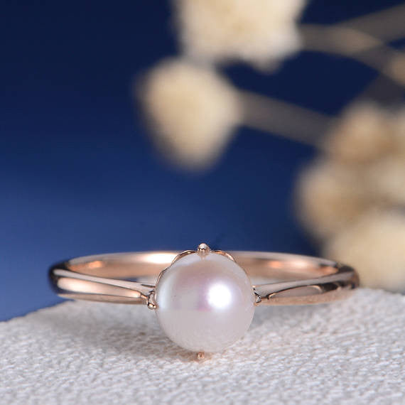 Taper Engagement Ring-Pearl Tapered Ring-June Birthstone Pearl RIngs