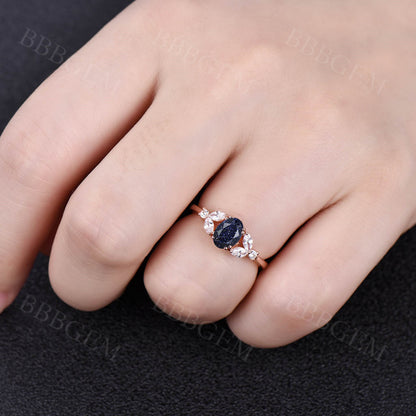 Pink Gold Blue Sandstone Ring-BBBGEM Oval Cut Blue Sandstone Wedding Ring