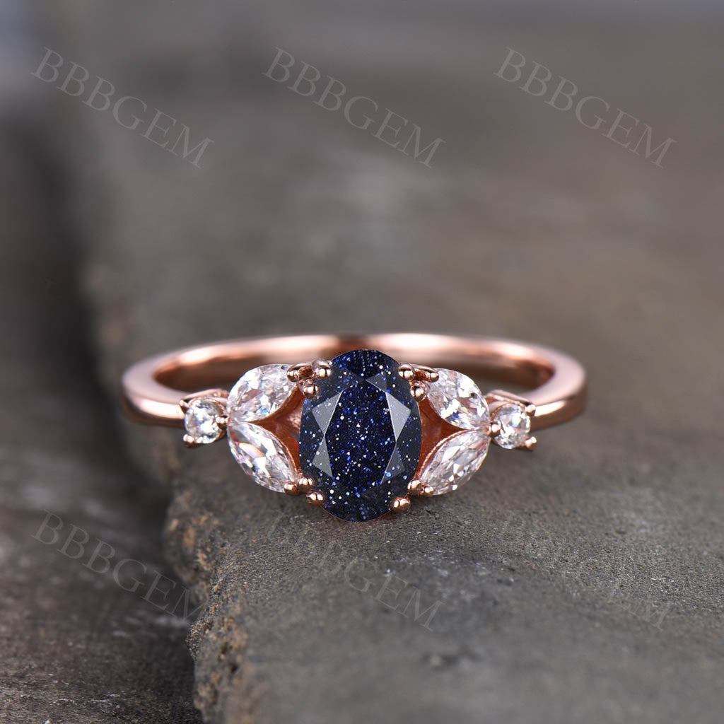 Oval Cut Blue Sandstone Wedding Ring-BBBGEM Oval Cut Blue Sandstone Wedding Ring