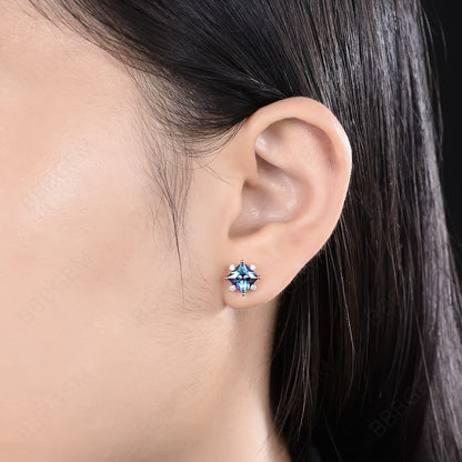 Princess Cut Alexandrite Stud Earrings Flower Alexandrite Moissanite Earrings Minimalist June Birthstone Jewelry Wedding Earrings Birthday Gift For Women