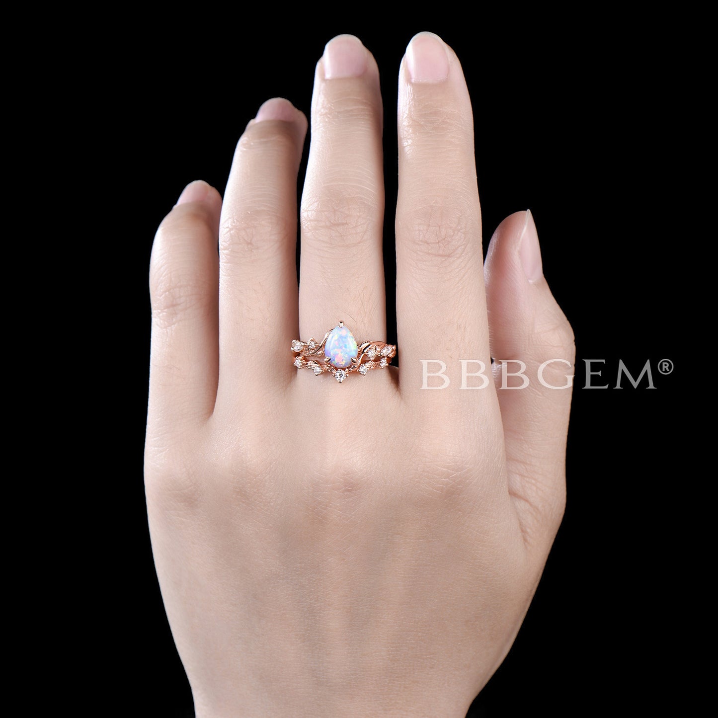 Nature Inspired Pear Shaped Opal Engagement Ring Rose Gold Leaf Ring