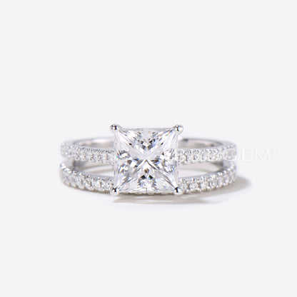 2 Carat Princess Cut Moissanite Engagement Ring Set Diamond Wedding Band 14k White Gold Art Deco Half Eternity