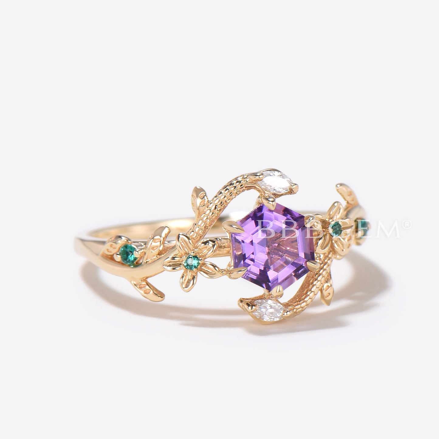 Gold Snake Engagement Ring Floral Amethyst Ring Diamond Serpent Ring