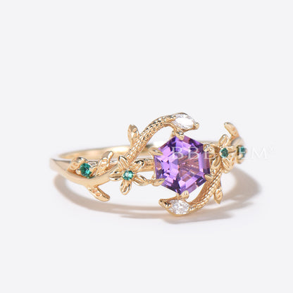 Gold Snake Engagement Ring Floral Amethyst Ring Diamond Serpent Ring