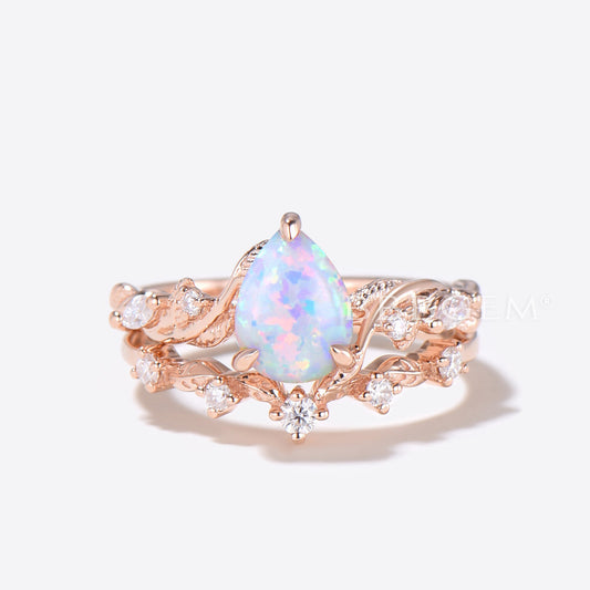 Nature Inspired Pear Shaped Opal Engagement Ring Rose Gold Leaf Ring