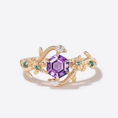 Gold Snake Engagement Ring Floral Amethyst Ring Diamond Serpent Ring