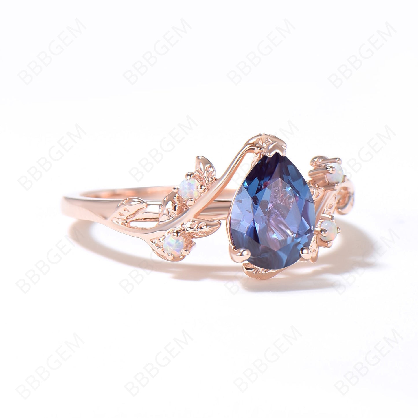 Twig Leaf Alexandrite Engagement Ring 14k Rose Gold Pear Shaped Alexandrite Ring Branch Vine Five Stone Opal Ring June Birthstone Proposal Gift