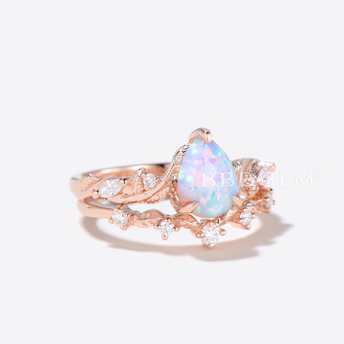 Nature Inspired Pear Shaped Opal Engagement Ring Rose Gold Leaf Ring