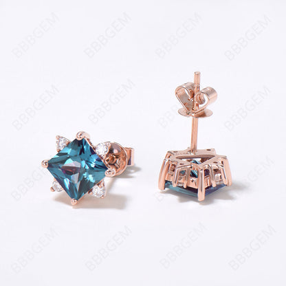 Princess Cut Alexandrite Stud Earrings Flower Alexandrite Moissanite Earrings Minimalist June Birthstone Jewelry Wedding Earrings Birthday Gift For Women